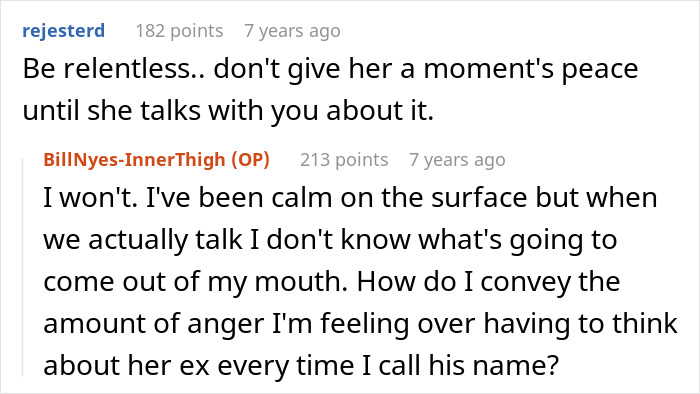Screenshot of a Reddit conversation about a husband feeling upset after realizing who their son is named after. - 21