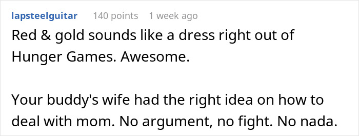 Comment on Reddit praising a red and gold dress choice, highlighting how the bride cleverly outsmarts her attention-seeking mom.