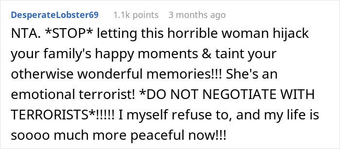 Text comment about a woman upset her sister-in-law took her daughter and tainted son's birth memory with a tantrum.