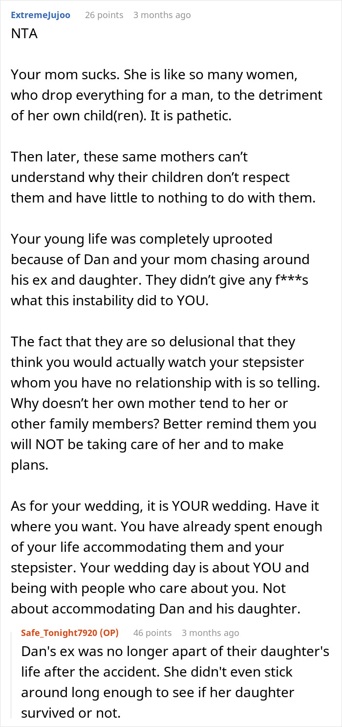 Commenters discuss family drama after a guy refuses to relocate wedding for the sake of his disabled stepsister. - 25