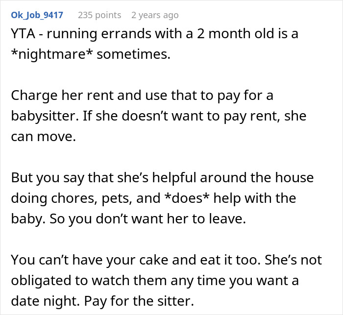 Comment discussing challenges of a nanny working 50 hours a week and being asked to babysit free on off days.