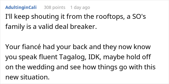 Text comment discussing a fiancé’s family trashing her, thinking she doesn’t speak their language, causing shock when she replies.