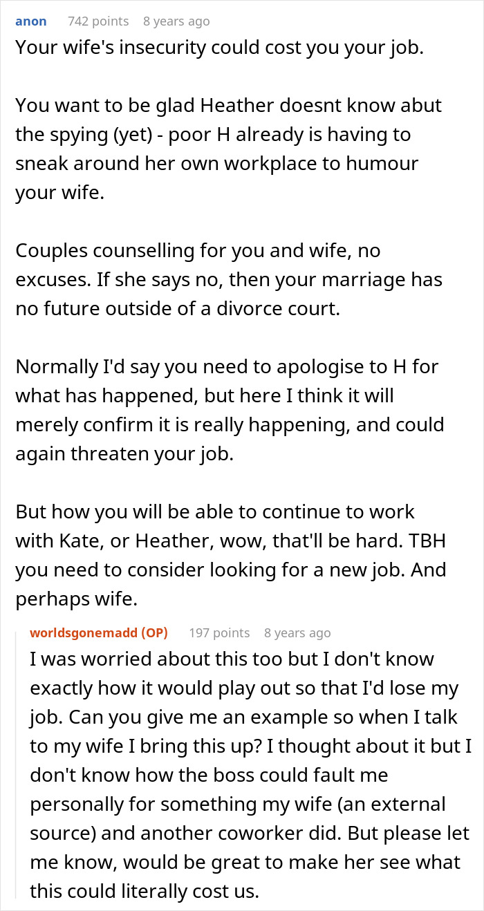 Jealous wife spying husband at work causing tension and risking his job due to insecurity and workplace challenges.