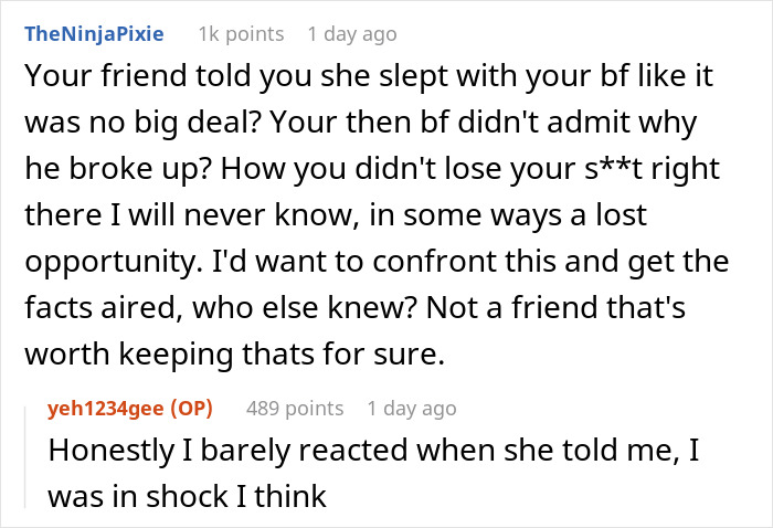 Text conversation about a woman revisiting a past breakup after her friend revealed she was the other woman. - 18