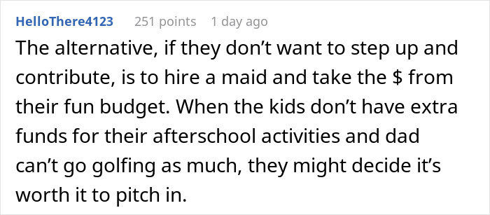 Commenter discussing family complaints about contributing to household chores and expenses with a student working mom context.