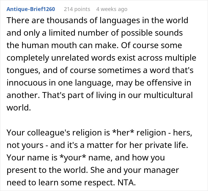 Text comment discussing language differences and respect in multicultural workplaces related to borderline racism and offensive names. Text comment discussing language differences and respect in multicultural workplaces related to borderline racism and offensive names.