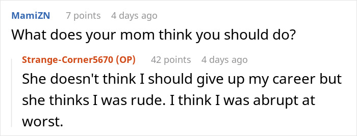 Screenshot of an online discussion where a woman shares her in-laws demand she quit her job for emasculating their son. - 16