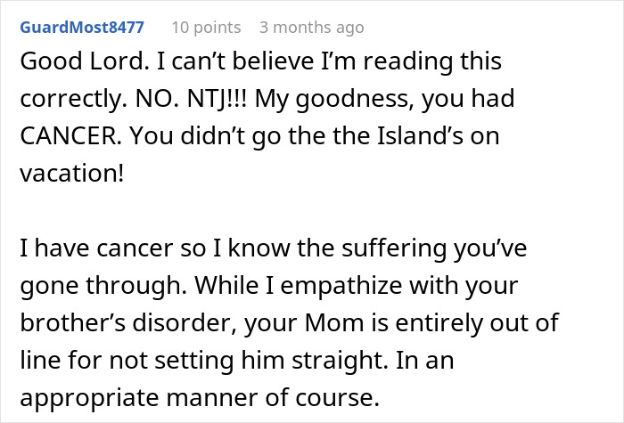 Comment text expressing disbelief and sharing personal experience with cancer, highlighting empathy and family dynamics.