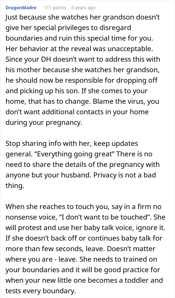 Comment advising firm boundaries with MIL after upsetting behavior at gender reveal, focusing on privacy and respect.