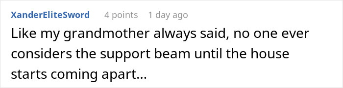 Screenshot of a Reddit comment about support beams, illustrating employee reaction to wage reduction and quitting. - 29