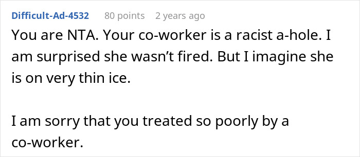 Screenshot of a Reddit comment discussing a coworker&rsquo;s blatantly Islamophobic and racist behavior in the workplace.