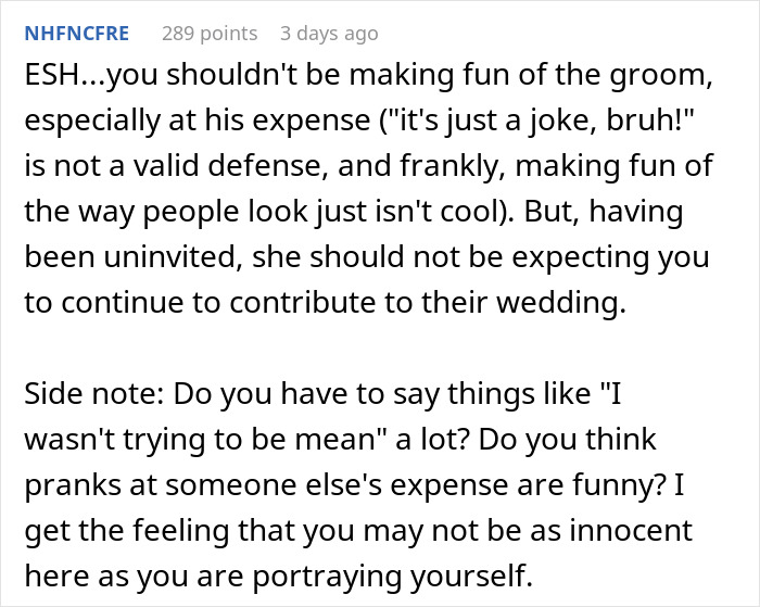 Commenter advises against mocking the groom and discusses bride banning and refusal to lend money in wedding dispute. - 13