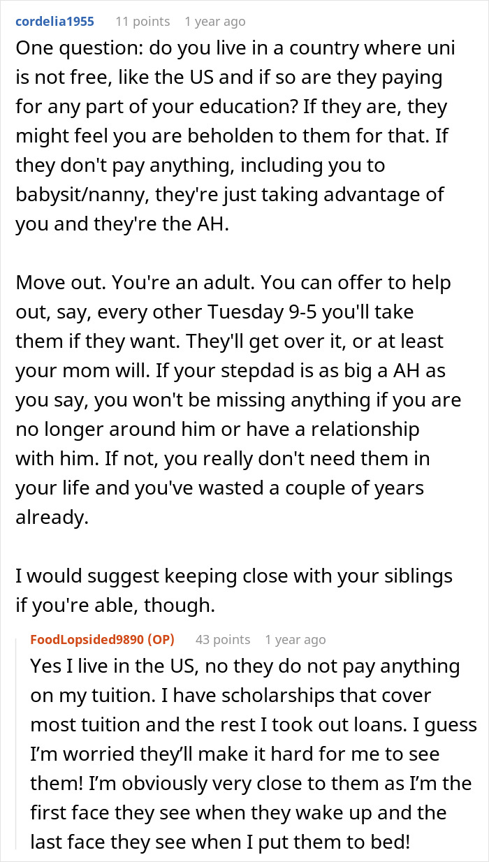Reddit comment discussing a 20-year-old overwhelmed by responsibility for half-siblings considering moving out.