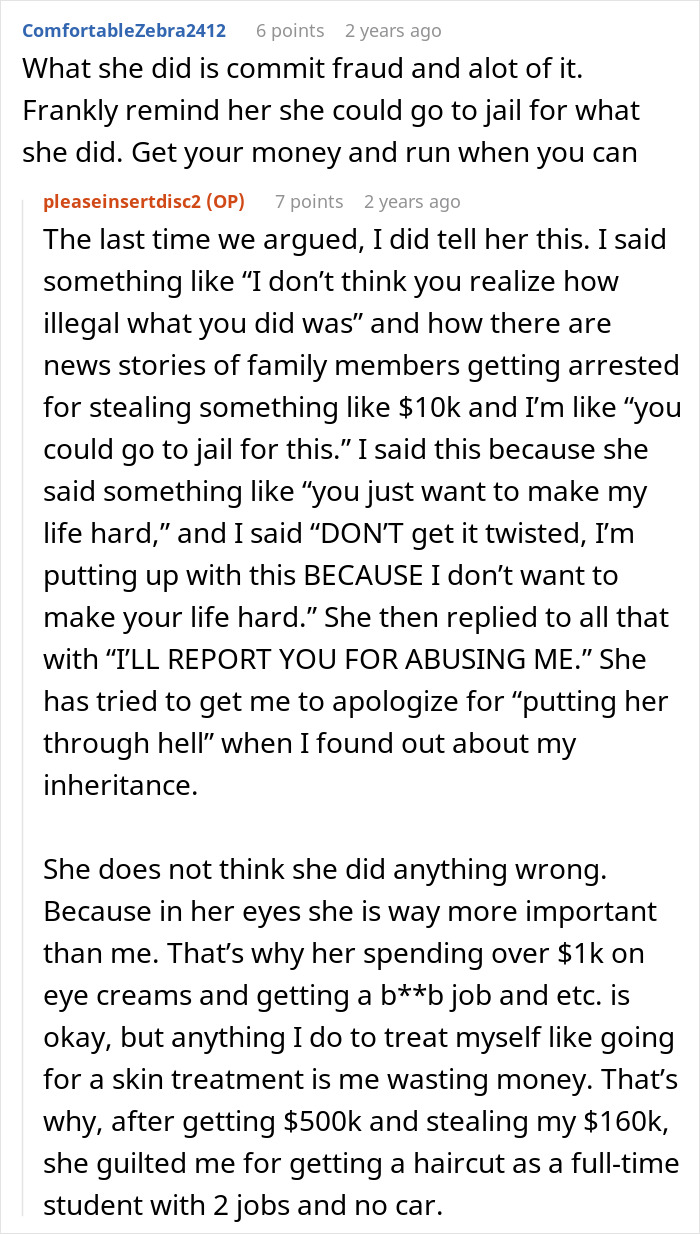 Comments discussing a daughter confronting her mom about embezzling a $160K inheritance and gaslighting after exposure.