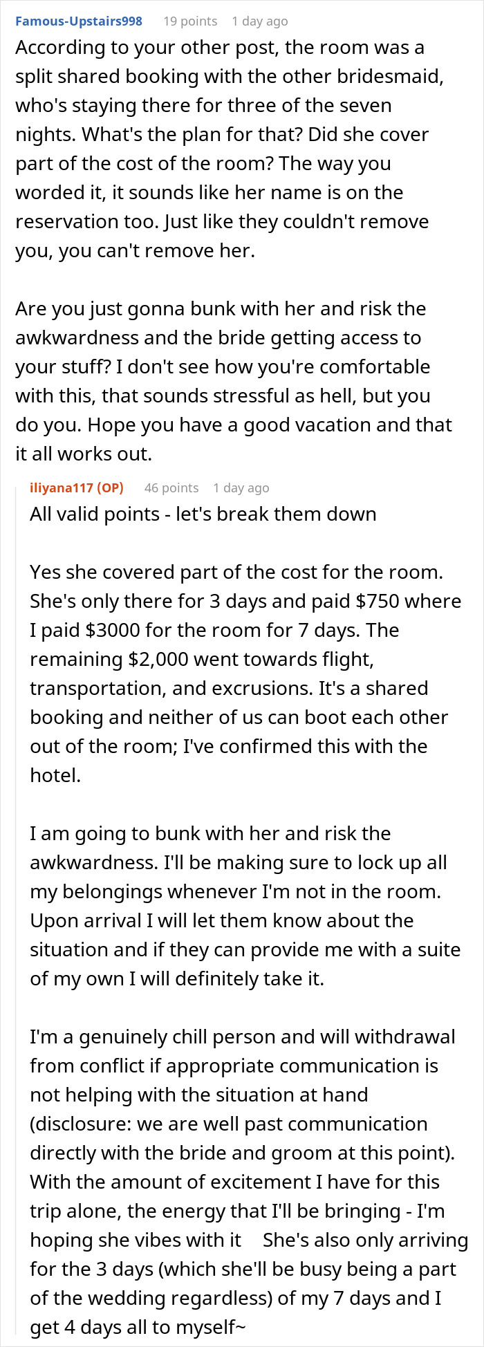 Text conversation about a bride trying to cancel a guest’s resort room, discussing shared booking and awkwardness. - 45