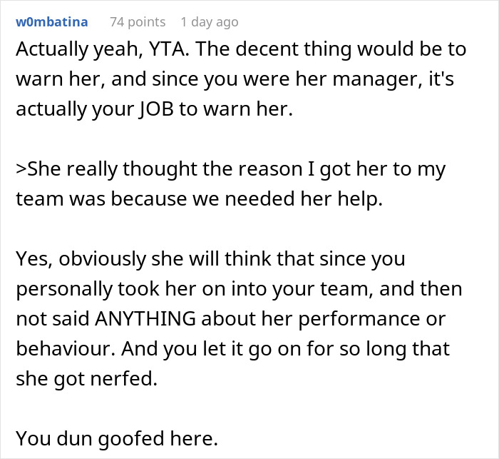 Reddit comment criticizing a manager for not warning her friend about getting fired leading to severe consequences.