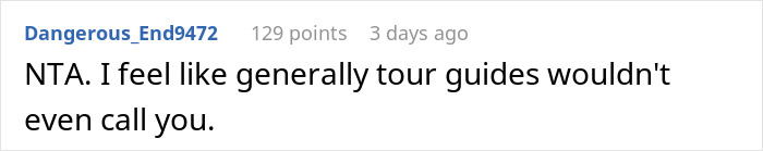 Screenshot of an online comment discussing a tourist who oversleeps three days in a row and blames the guide for it. - 30