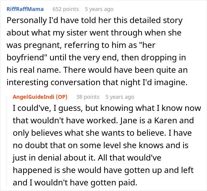 Screenshot of a Reddit conversation about a lady getting revenge on her sister’s bad ex by involving his wife. - 38