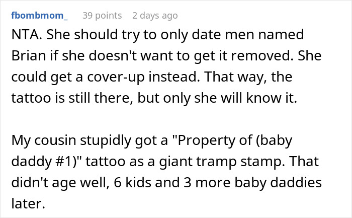 Screenshot of a Reddit comment discussing how a tattoo is affecting love life and suggesting a cover-up solution.