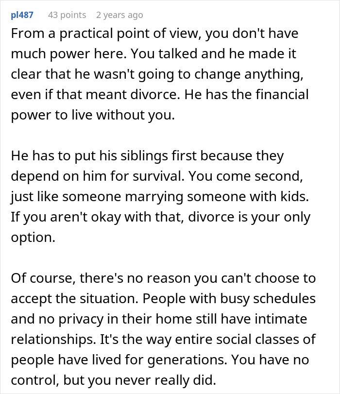 Comment about husband's sudden decision to move in disabled siblings causes wife to question their marriage and priorities.