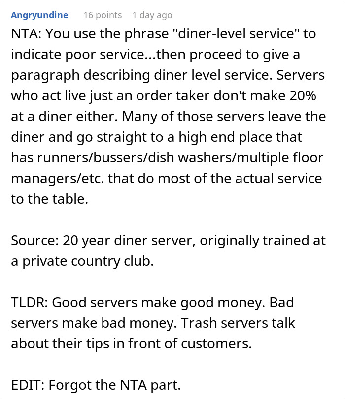 Screenshot of a Reddit comment discussing diner-level service and servers&rsquo; tipping experiences in restaurant work.