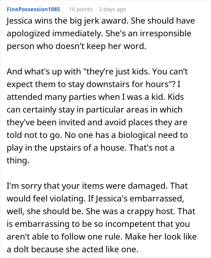 Comment discussing a woman upset after her son&rsquo;s party was cut short due to a broken sentimental toy.