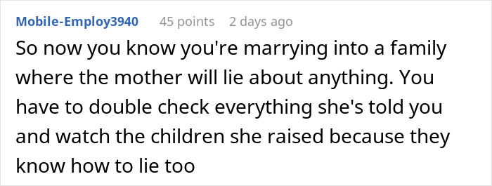 Comment about marrying into a family with a dishonest mother and the need to double-check the family heirloom value.