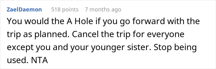 Screenshot of a Reddit comment discussing backlash over not inviting nephew on vacay after he bailed on previous trips.