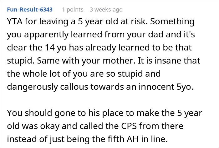 Text comment criticizing a teen for leaving a 5-year-old alone, highlighting neglect and irresponsibility in babysitting emergency. - 43