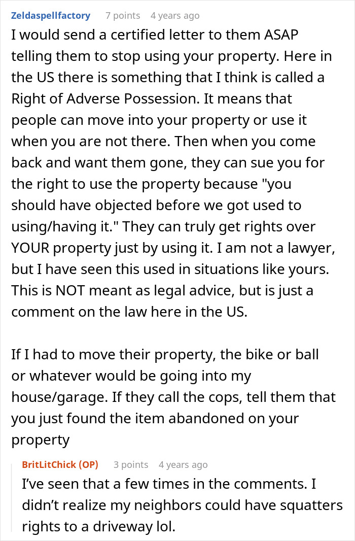 Commenters discuss legal issues of parents treating neighbor&rsquo;s driveway like their own backyard, causing homeowner frustration.