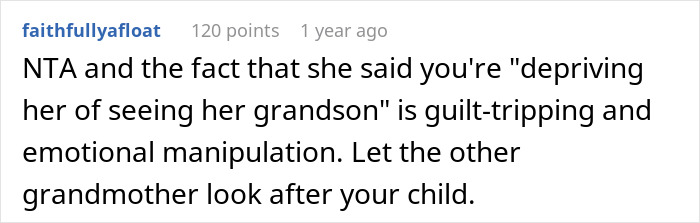 Comment discussing refusal to pay MIL for babysitting toddler, highlighting guilt-tripping and emotional manipulation concerns.