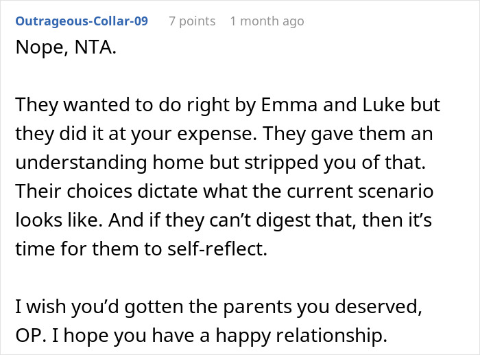 Reddit comment discussing parents favoring adopted kids while treating bio son unfairly and the need for self-reflection. - 50