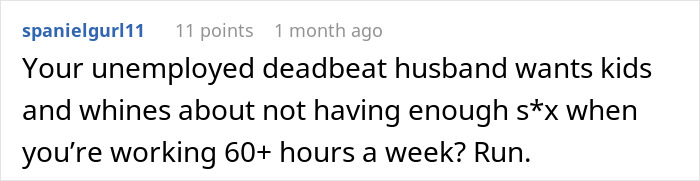 Comment discussing a husband demanding children and opening the marriage, with the wife responding by giving divorce papers. - 44