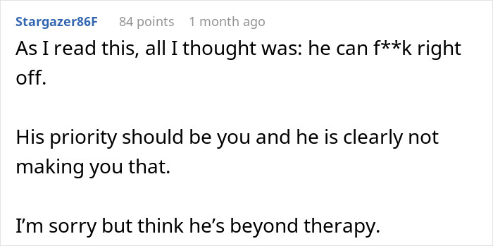 Comment expressing outrage over husband demanding child and opening marriage, suggesting divorce instead. - 30