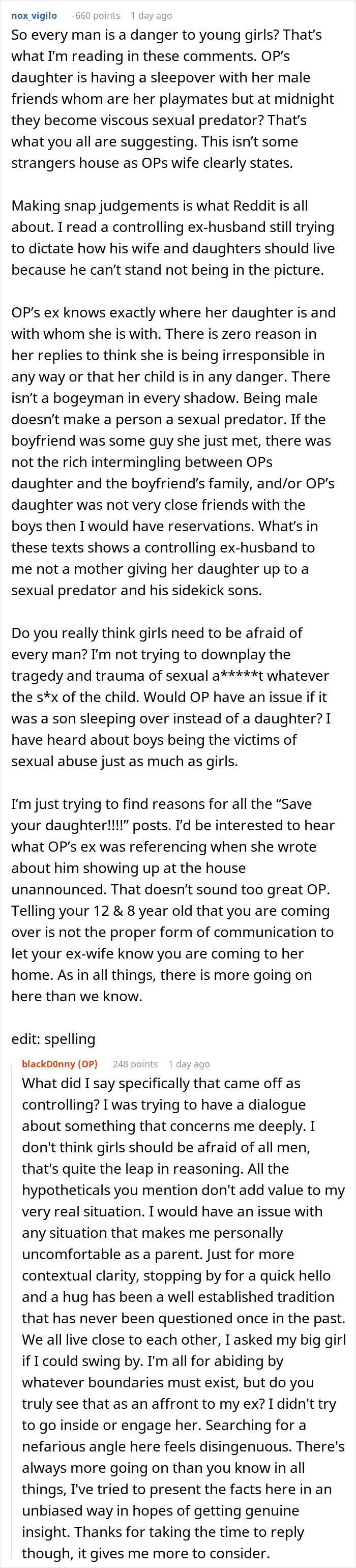 Reddit discussion about an 8-year-old spending the night at mom&rsquo;s boyfriend&rsquo;s house and dad&rsquo;s concerns about family presence.