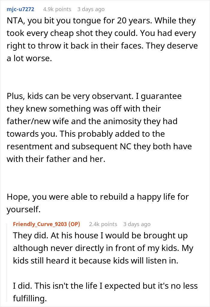Comments discussing a dad who destroyed his marriage and his kids choosing no-contact due to family animosity.