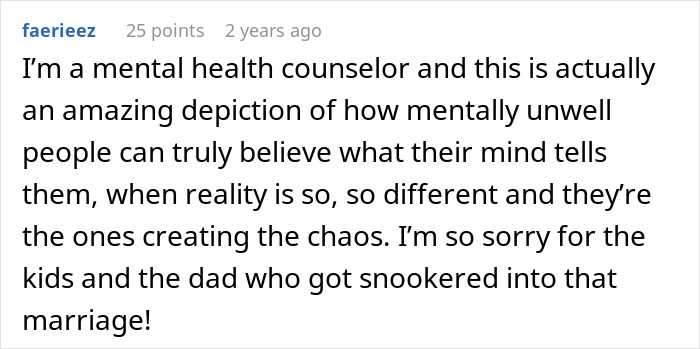 Comment from a mental health counselor explaining the chaos caused by manipulative mom daughter story drama in a troubled marriage. - 81