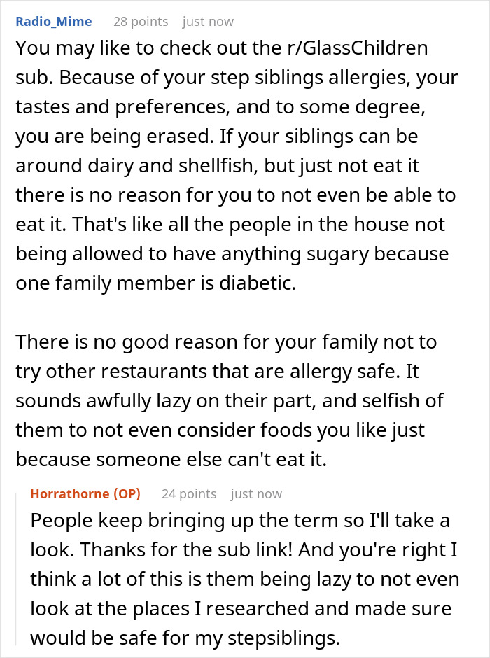 Reddit conversation about parents ignoring teen&rsquo;s birthday wishes due to stepkids&rsquo; allergies and boring food complaints.