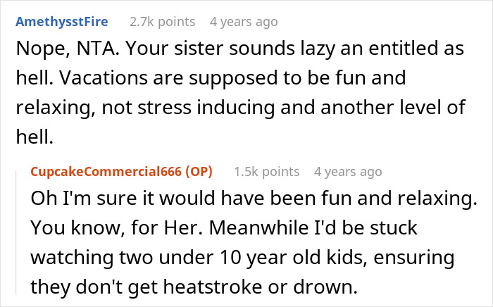 Reddit comments discussing a vacation rift caused by a woman choosing friend over sister and niblings for the trip. - 22