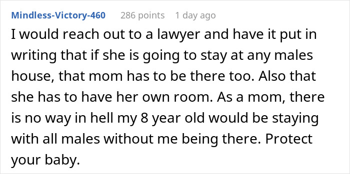 Comment discussing concerns about an 8-year-old spending the night at mom&rsquo;s boyfriend&rsquo;s house without family or female present.