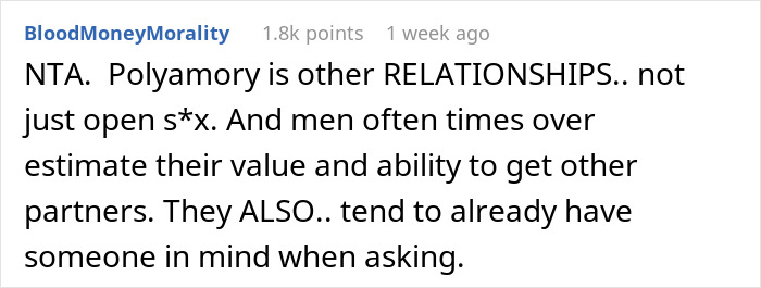 Screenshot of a Reddit comment discussing polyamory and relationship dynamics after one year of marriage. - 23
