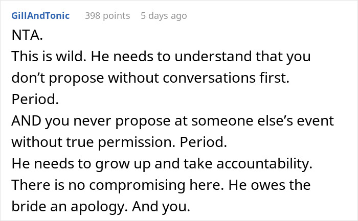 Screenshot of a Reddit comment discussing a man planning a public proposal at a wedding without asking, causing distress. - 22