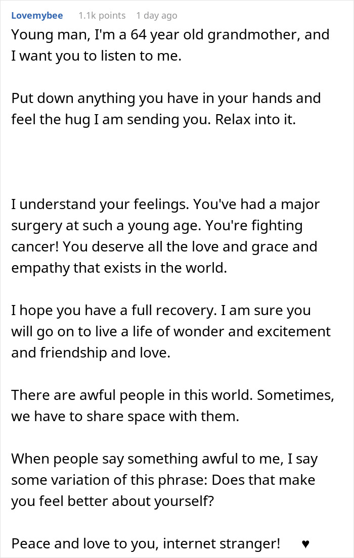 Comment text offering support and empathy to a young cancer survivor after being mistreated on a plane. Comment text offering support and empathy to a young cancer survivor after being mistreated on a plane.