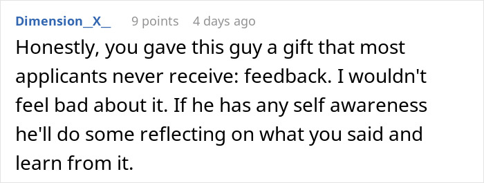 Comment text on a white background discussing feedback given to a job interview candidate with a high chance of getting hired.