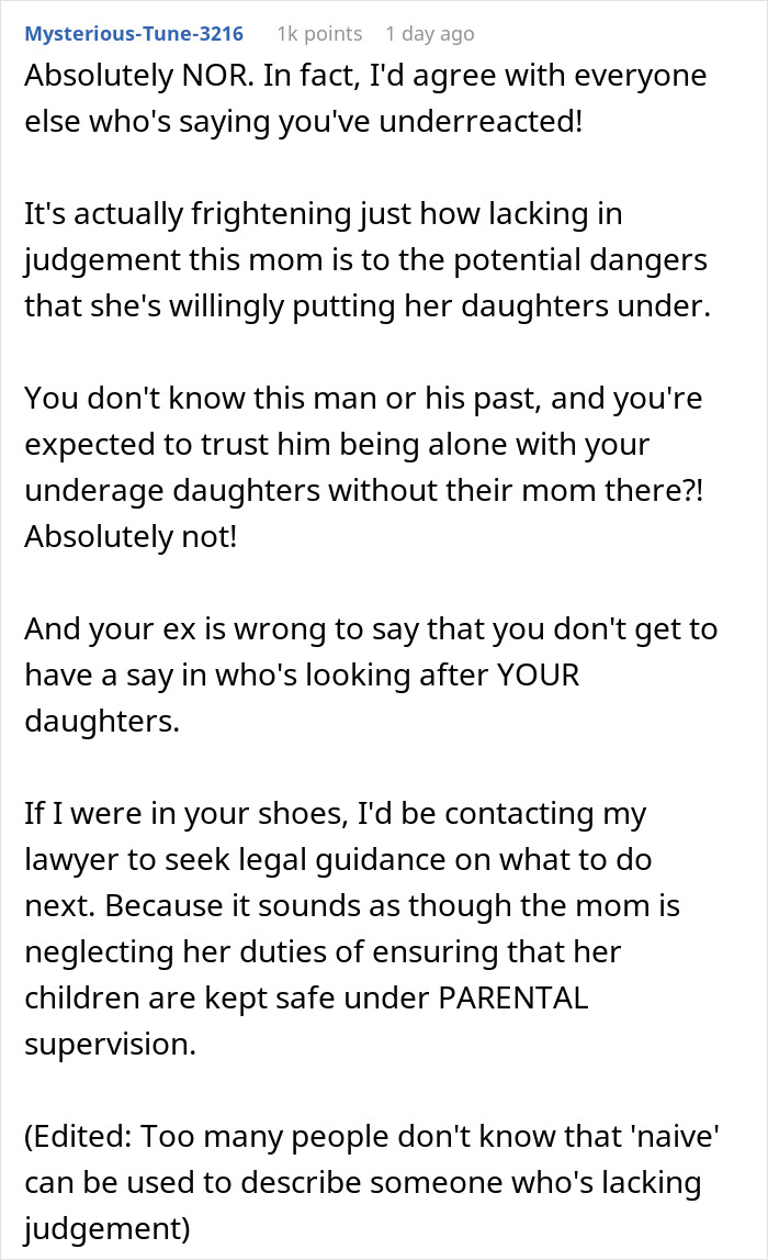 Reddit comment discussing concerns about an 8-year-old spending the night at mom's boyfriend's house and dad's reaction.
