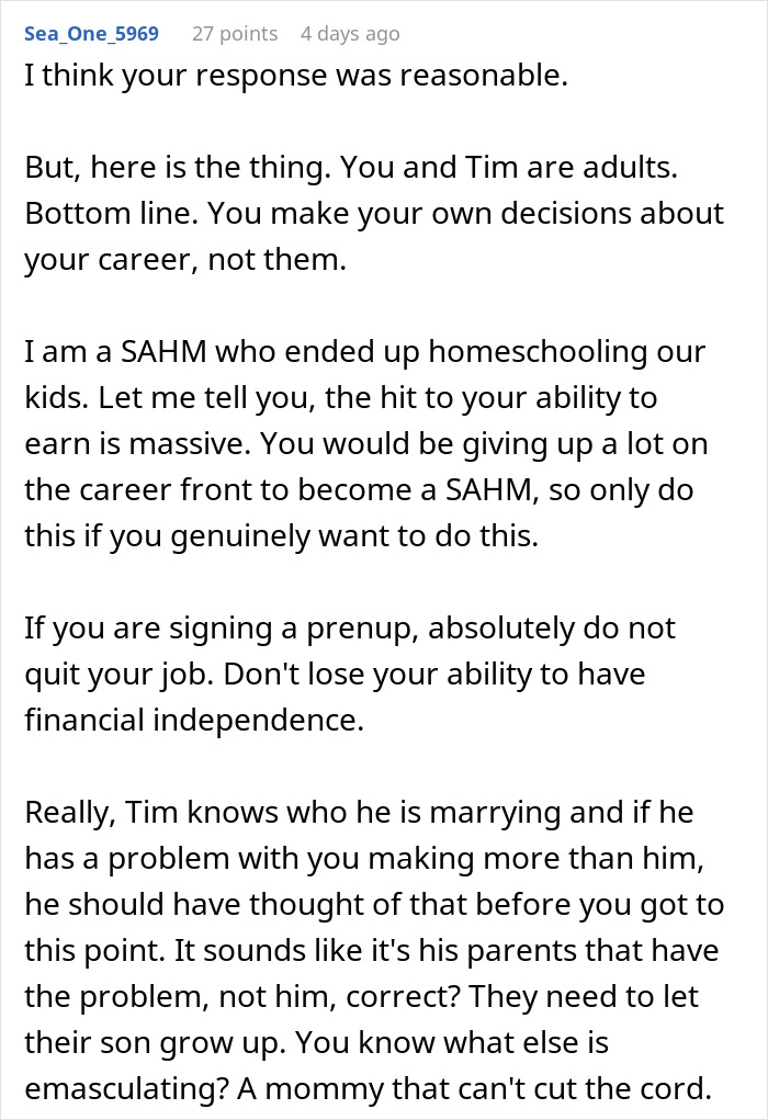 Screenshot of a forum comment discussing in-laws demanding a woman quit her job for emasculating their son. - 35