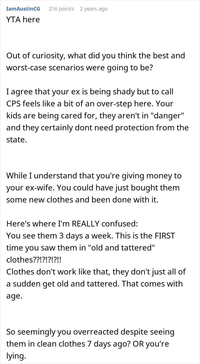 Commenter debates child support and calling CPS after seeing kids in tattered clothes, discussing care and overreaction. - 48