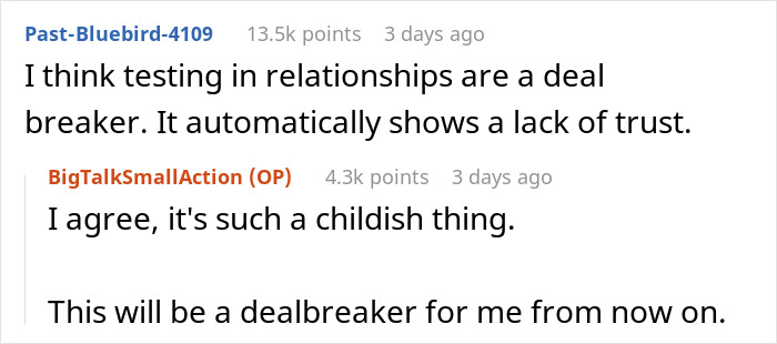 Screenshot of social media comments discussing how testing in relationships shows a lack of trust and is a dealbreaker. - 13