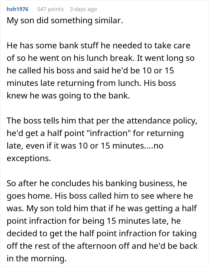 Text conversation about workplace attendance policy explaining same penalty for short or long late arrivals under strict boss rules.