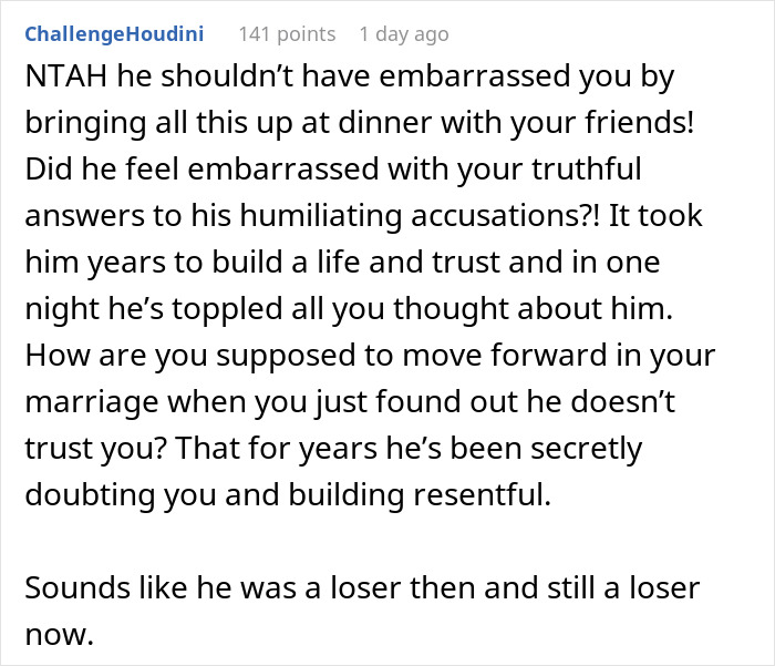 Reddit comment discussing husband jokes wife and trust issues revealed in front of friends, with a brutal reality check.